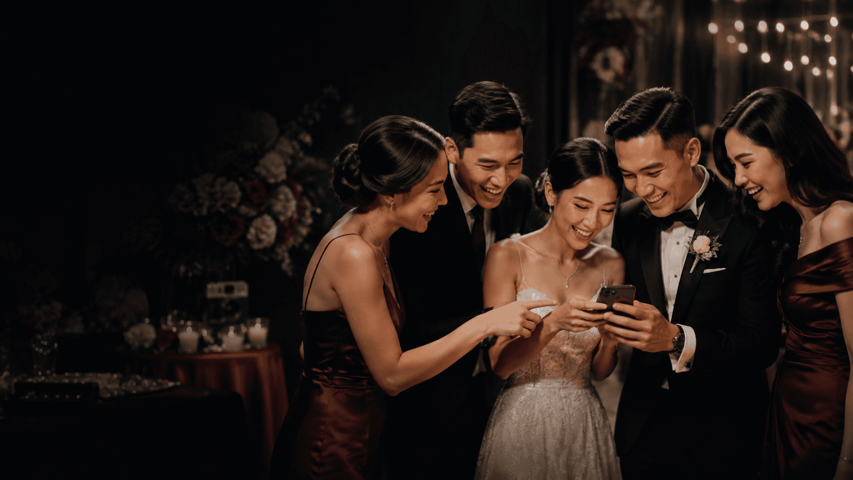 Pasangan pengantin dan sahabat menikmati foto bersama saat resepsi